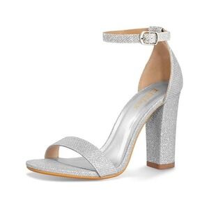 ElElax Women's Silver Heels Chunky 4 Inches Block High Heels Strappy Shoe (9)